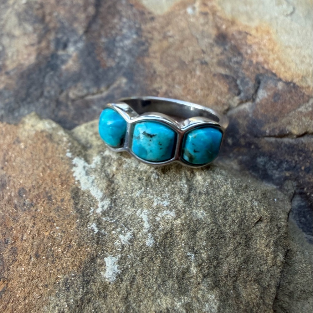Turquoise Three-Stone Sterling Silver Ring - Blue Turquoise